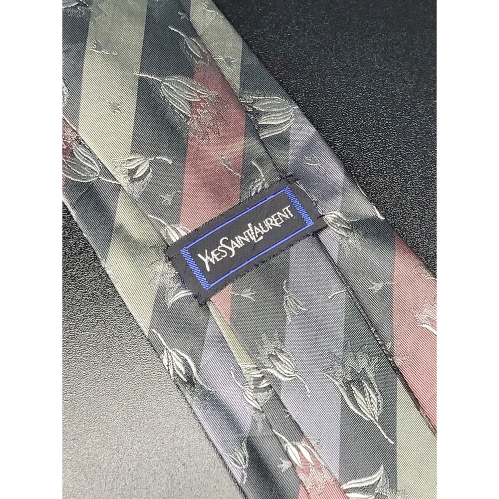 Vintage Yves Saint Laurent Tie Grey Burgundy Stripe Floral Jacquard 3.5